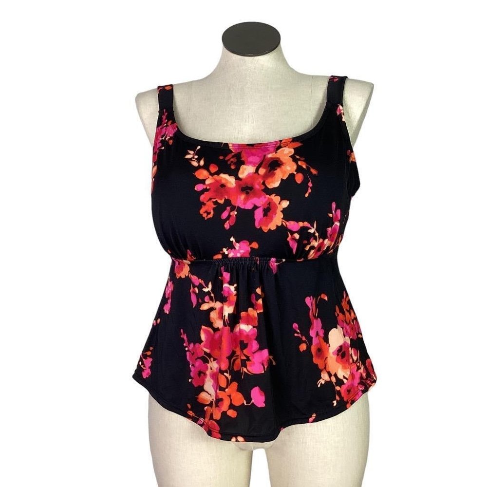Swimsuits For All Women 20W Floral Tankini Swim Top Padded Bra Stretch Black